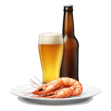 a glass of beer next to a plate of shrimp sticker