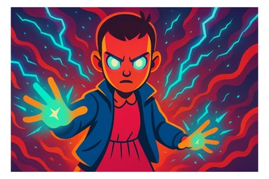 Stranger Things inspired character using supernatural powers like Eleven, glowing effects and telekinetic energy, vibrant toon style, wide aspect ratio 16:9 sticker