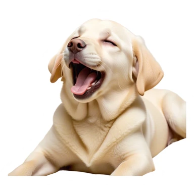 Cinematic Cute Yawning Cream Labrador Portrait Emoji, Head tilted slightly with a dramatic, wide-open yawn, showcasing a smooth cream Fur with a subtle shimmer, floppy ears slightly drooping, round warm eyes barely open in drowsy contentment, Simplified yet irresistibly adorable features, highly detailed, glowing with a soft, cozy glow, high shine, relaxed yet expressive, stylized with a touch of whimsy, bright and endearing, soft glowing outline, capturing the essence of a sleepy yet affectionate companion, so drowsy it feels like it could stretch out of the screen and curl up for a nap! sticker