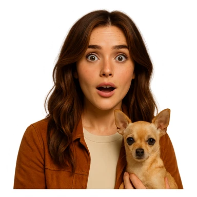 Portrait centered for Instagram profile picture, inspired by the facial features visible in the reference images, with tanned skin and subtle freckles, wearing a shirt color #FFF8CA and a rust-colored jacket, medium-length brown hair with auburn highlights, surprised and amused expression, holding a beige-brown chihuahua, Netflix series style, transparent background, intimate Tenerife ambiance. sticker