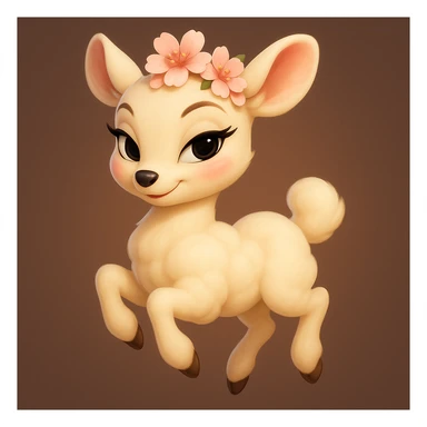 Refine this feminine vanilla cloud doe with rosy cheeks and cherry flowers on its head, floating gracefully, in a Pixar art style. Enhance its appeal as a social media brand mascot by emphasizing confidence, charm, and subtle allure, while keeping it tasteful and suitable for all audiences. Add a touch of brand identity polish. The style should reflect Pixar animation aesthetics. sticker