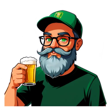 A bold man with a grey baseball cap, green eyes, big beard and glasses, drinking beer sticker