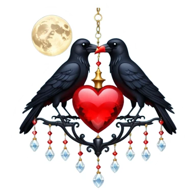 red heart with a black raven, moon, and chandelier crystals, dark romance sticker