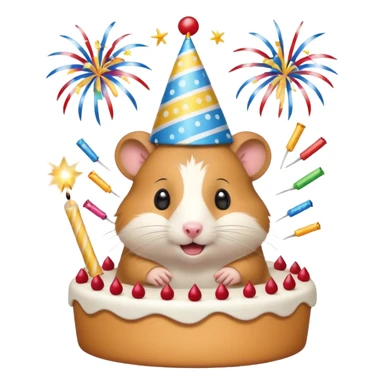 A hamster celebrating a birthday by throwing fireworks in front of a cake. sticker