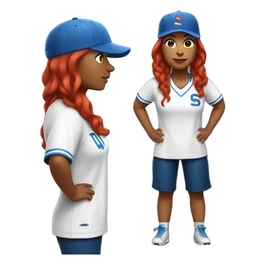 front facing standing up female coach with long red hair, wearing a white t-shirt and a simple baseball blue hat sticker
