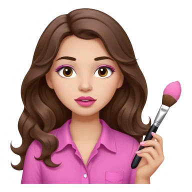 girl with long wavy brown hair, brown eyes, light to medium complexion, in a pink shirt, pink lips, long lashes, puckered lips, putting on makeup with a fluffy brush sticker