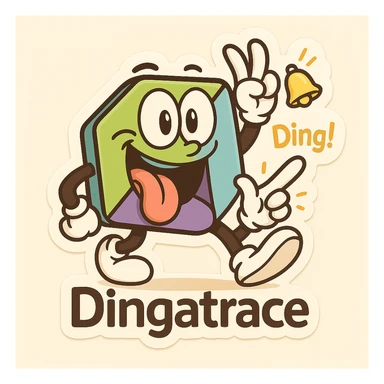Add playful 'Dingatrace' flair by replacing any Dynatrace text with 'Dingatrace'. Include a ringing bell or cartoon ding sound effect. Maintain the silly cartoon vibe of the mascot. sticker