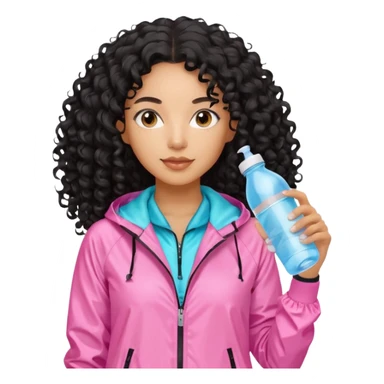 Mixed-race athletic woman with caramel skin, long black curly hair, wearing pastel pink windbreaker, holding a water bottle sticker