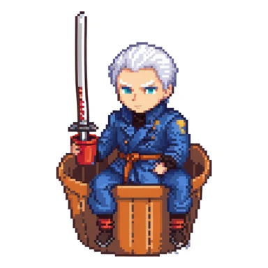 Vergil from Devil May Cry sitting in a KFC bucket, blue coat, white hair, katana sticker