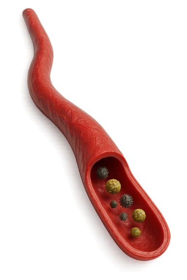 tossine che entrano in una vena umana anatomica realistica, vista dall'alto, iperrealistica 4k sticker