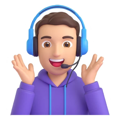 excited streamer with headset, purple theme, streamer emoji for Twitch sticker