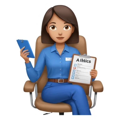 Generate an emoji of a female AI ethicist in blue shirt brown pant sitting in a chair and has a checklist stating AI ethics elements like stop bias, fairness score sticker