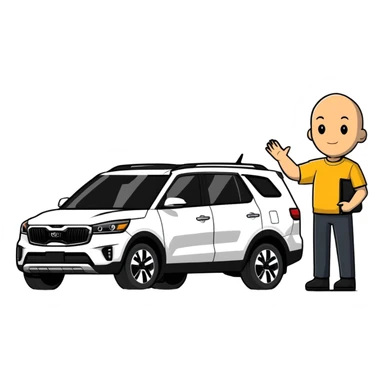 bald man standing next to a Kia Mohave SUV sticker