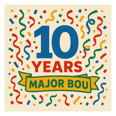 Celebratory 10th anniversary logo for Major Bou with confetti and a festive color palette sticker