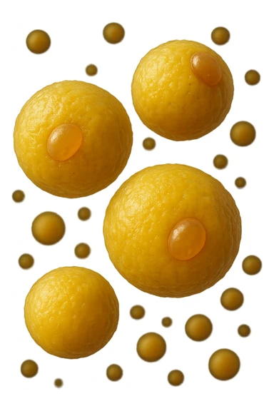 cellule di grasso anatomiche gialle realistiche umane fluttuano in aria, iperrealistico 4k sticker