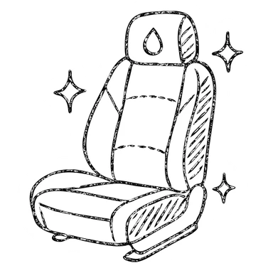 hand-drawn outlined icon of a luxury car seat in matte black with a small droplet or shield on the headrest, elegant stitching, minimalist lines, extra shine and sparkles, clean and modern sticker