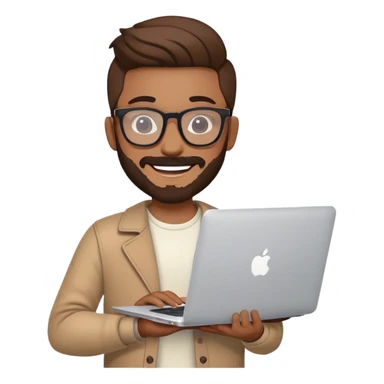 smiling hipster man with MacBook with glasses sticker