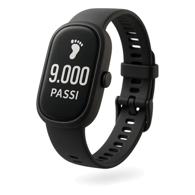 orologio contapassi che segna 9.000 passi sul display in italiano, fluttua in aria, iperrealistica 4k, isolato su sfondo bianco sticker