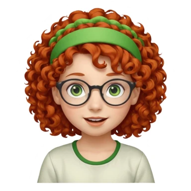 redhead kid with unique face features and very curly hair kid girl happy and big glassess and big nose and very green eyes and headband sticker