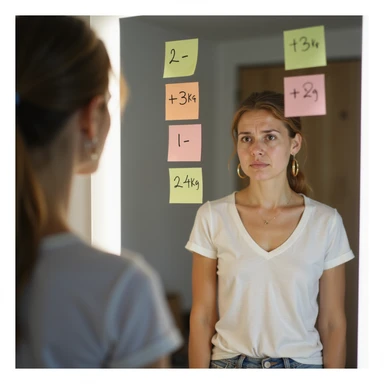 adult woman, photorealistic, in front of mirror with post-it notes showing weight variations ('-2kg', '+3kg', '-1kg', '+2kg'), puzzled expression, natural light, bathroom background sticker
