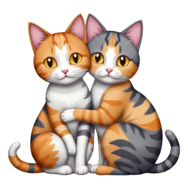 full body colourful light patched calico + white tabby cat cuddling a bigger cat that is dark grey and white tabby cat  and they are in love sticker