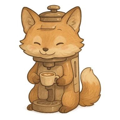 high-quality, visually appealing, normal-looking soft pastel fluffy fox designed as a coffee maker animal, holding a tiny latte cup, brown and beige tones, full-body, 电器拟动物风格 sticker