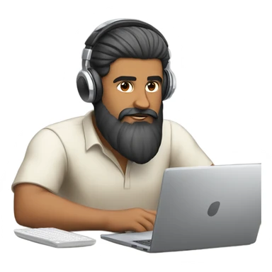 "Light-skinned Indian man with a beard, wearing headphones, focused on working on a laptop. Hair styled with a side part." sticker