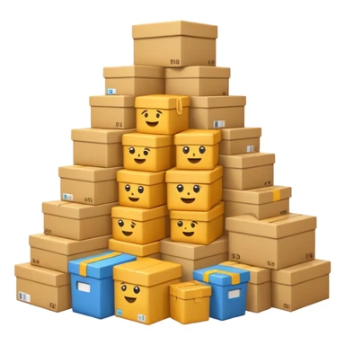 Generate a realistic emoji-style of a overfilled storage room where the packages dont have much space and falling over sticker