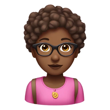 Dark skin girl, with short brown curly hair, pink headband and glasses sticker