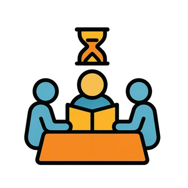minimalist icon of players and a game master collaborating around a table or DM screen, with a clock or hourglass representing a multi-day marathon, worn and distressed look sticker