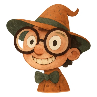 whimsical character with oversized glasses and a hat sticker