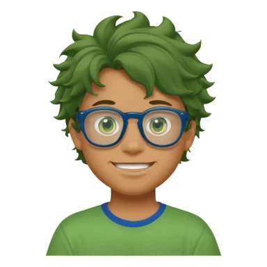 A teenage boy, tanned with glasses, wearing a green t-shirt , blue jeans and green sneakers with brown wavy tousled hair, smirking, wearing a green face mask sticker