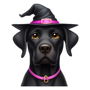 Black Labrador wearing black and pink witch hat sticker