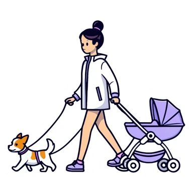 girl walking with a stroller and dog on a leash, bold lines sticker
