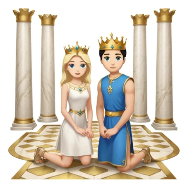 Man as king, standing, black Hair, blue eyes, woman, blonde, green eyes, shott white sleveless Dress, kneeling, background palace sticker