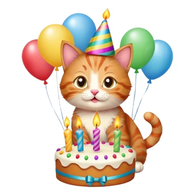 Ginger tabby kitten celebrates birthday, birthday hat, birthday cake, one candle, balloons, happy, gifts sticker