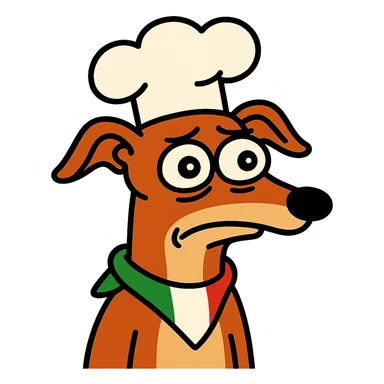 Italian dog with chef hat, looking confused, brainrot meme style, cartoonish sticker