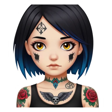 Emo Girl with dark hair and bright skin, some tattoo sticker