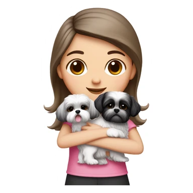 A girl with dark blond hair and white tone skin, wears pink top and hugs two black and white shih tzu one girl with pink bows and one boy sticker
