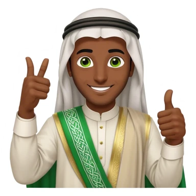 Dark-skinned Arab Saudi man with green eyes, wearing an agal and traditional attire, smiling happily and giving a big thumbs-up sticker