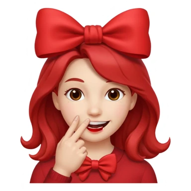 Emoji qui sourire avec le doigt dans la bouche et un noeud dans les cheveux sticker