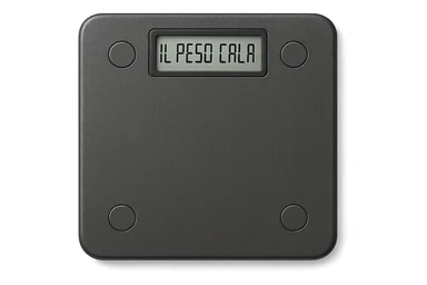 bilancia PESAPERSONE vista dall'alto con la scritta "IL PESO CALA" SUL DISPLAY, IPERREALISTA 4K sticker
