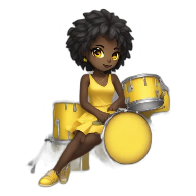 cute punk girl in yellow dress dark skin with yellow eyes and dark curvy hairs drummer anime style sticker