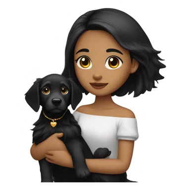 girl with a porcelain fair skin and long straight black hair with a small face wearing an off shoulder black shirt, while holding her golden retriever puppy  sticker