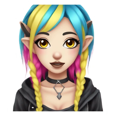 Blue eyed pale hime gyaru girl, hot pink and yellow split-dyed hair, nose ring, elf ears, dark makeup, punk clothes sticker