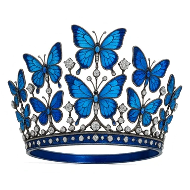 butterfly crown with a sapphire blue base, butterflies in light and dark blue enamel, sparkling gems sticker