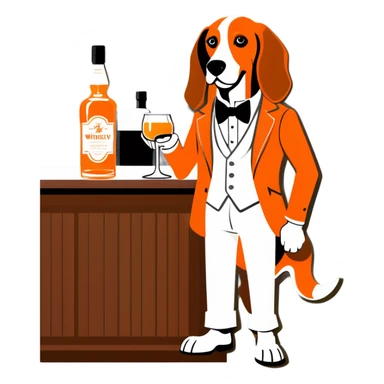 Hound dog in tangerine and white clothes at a whiskey bar sticker