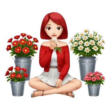 a woman sitting on a tiled surface surrounded by various bouquets of flowers in metal buckets and glass vases. She is holding a single white flower up to her face, covering it playfully. She wears a red off-shoulder cardigan and a white skirt. sticker
