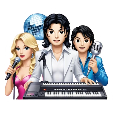 Pop music icon: vibrant stage with bright lights, microphone, synthesizer, disco ball. Collage of famous pop artists—Michael Jackson, Madonna, Britney Spears, and Taylor Swift—symbolizing iconic eras. Energetic and dynamic. Transparent background. sticker