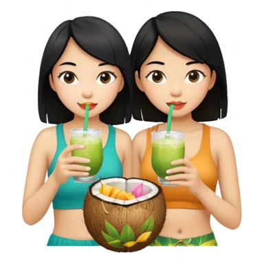 Two girls drinking out of a coconut one is Asian with black hair the other is white with blonde hair  sticker